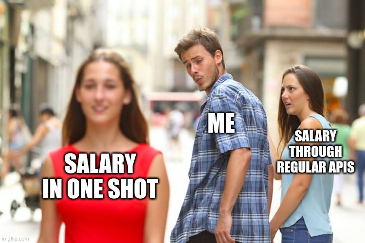 A meme on transferring employee salaries at one go using bulk payouts.